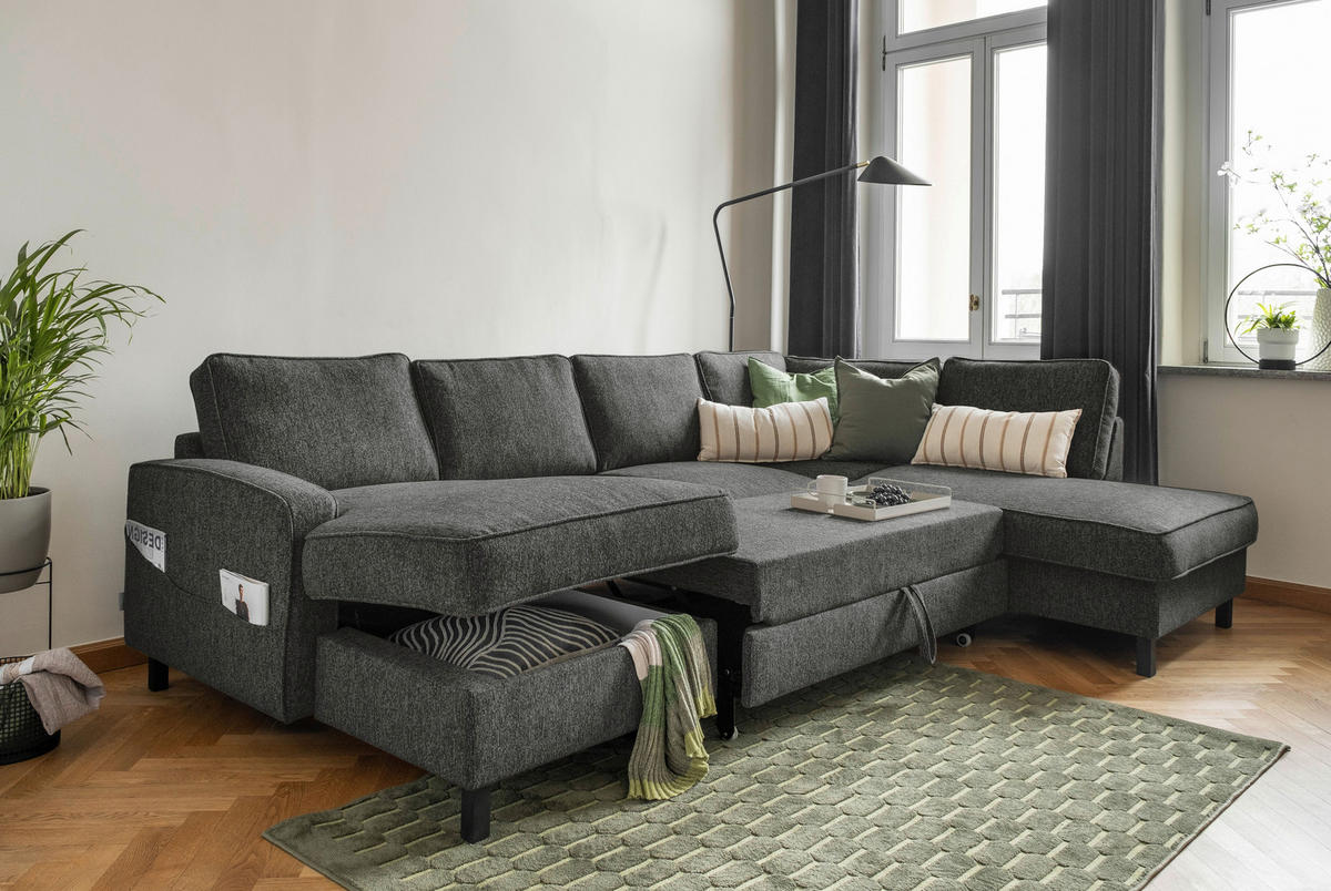 SEDACÍ SOUPRAVA, textil, tmavě šedá - černá/tmavě šedá, dřevo/textil (148/298/198cm) - MID.YOU