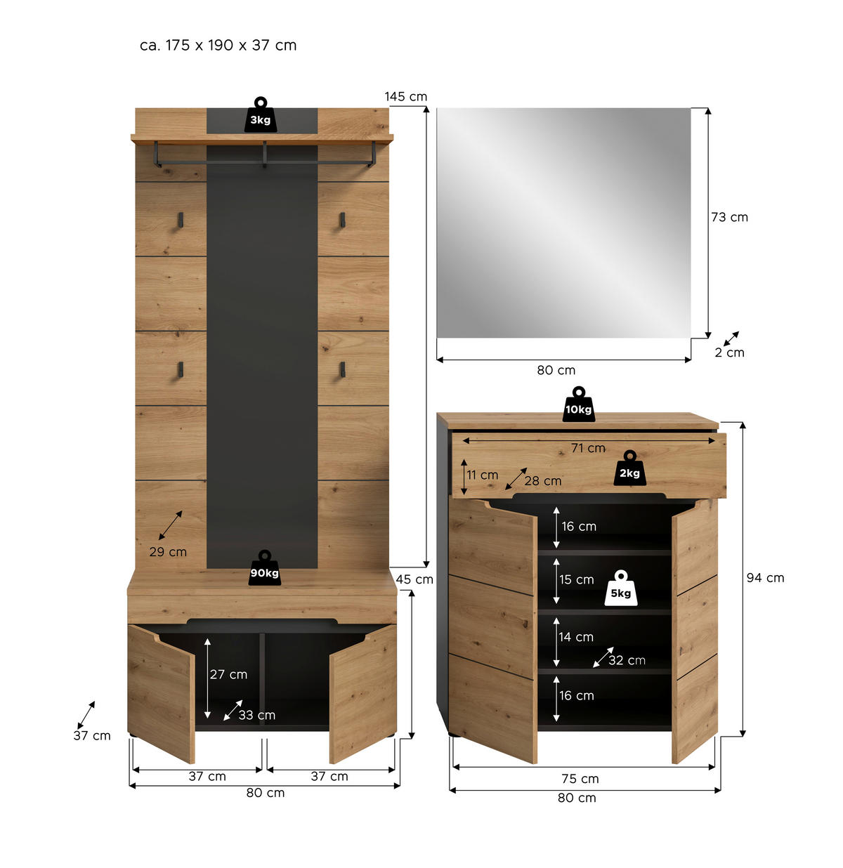 ŠATNA, 175/190/37 cm - dub artisan, Design, kompozitní dřevo (175/190/37cm) - Livetastic