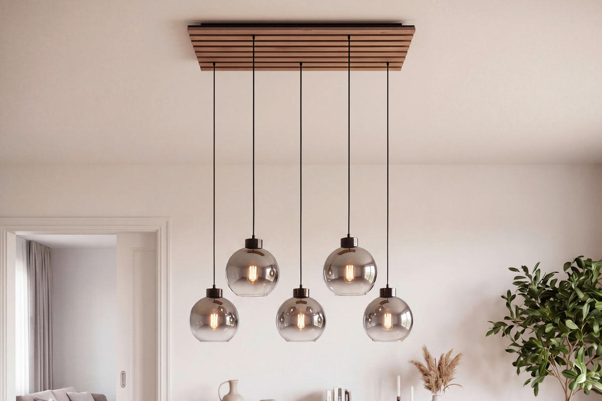 FÜGGŐLÁMPA 82/34/120 cm  - krómszínű/tölgyfa színű, Natur, műanyag/faalapú anyag (82/34/120cm) - Novel