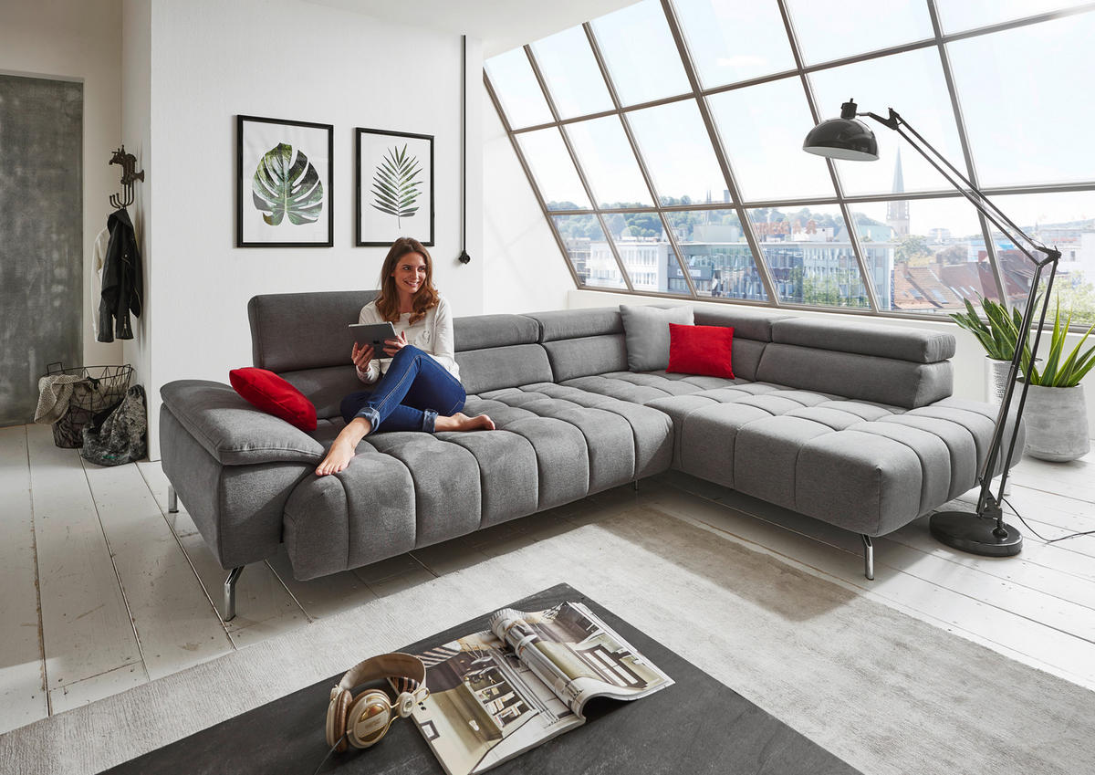 ECKSOFA Grau Chenille  - Chromfarben/Grau, Design, Textil/Metall (323/222cm) - Beldomo Style