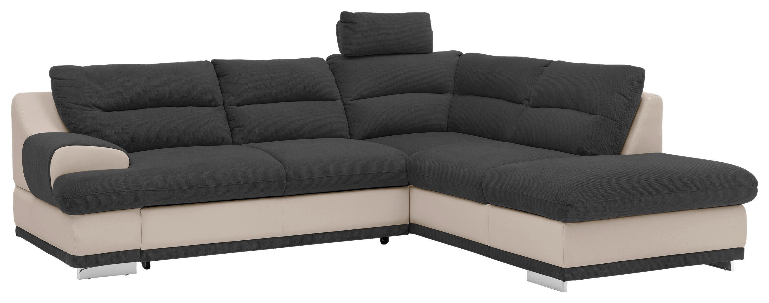 WOHNLANDSCHAFT Schwarz, Sandfarben Chenille Nackenstütze, Bettkasten, Schlaffunktion, Rücken echt  - Sandfarben/Chromfarben, KONVENTIONELL, Textil/Metall (264/217cm) - MID.YOU