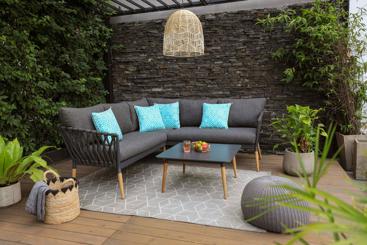 GARTENECKBANK  - Dunkelgrau/Teakfarben, Design, Holz/Textil (205,7/205,7cm) - Ambia Garden