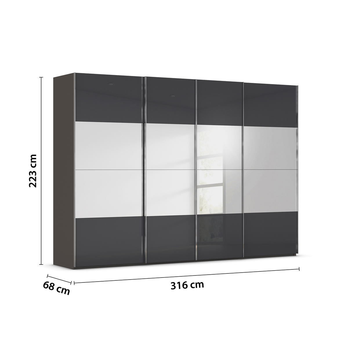 SCHWEBETÜRENSCHRANK 316/223/68 cm 4-türig Graphitfarben, Schwarz  - Chromfarben/Graphitfarben, Design, Glas/Holzwerkstoff (316/223/68cm) - Novel