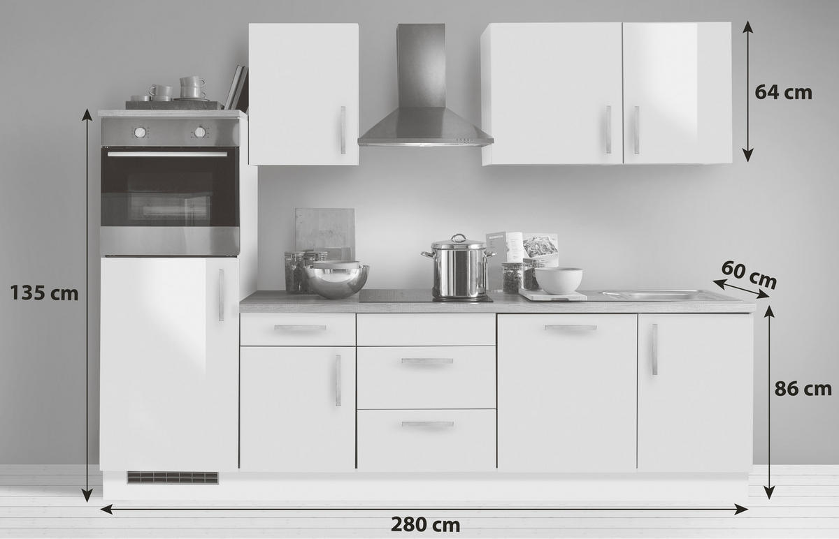 KÜCHENBLOCK 280 cm   in Weiß Hochglanz  - Weiß Hochglanz/Silberfarben, KONVENTIONELL, Holzwerkstoff/Metall (280cm) - Menke