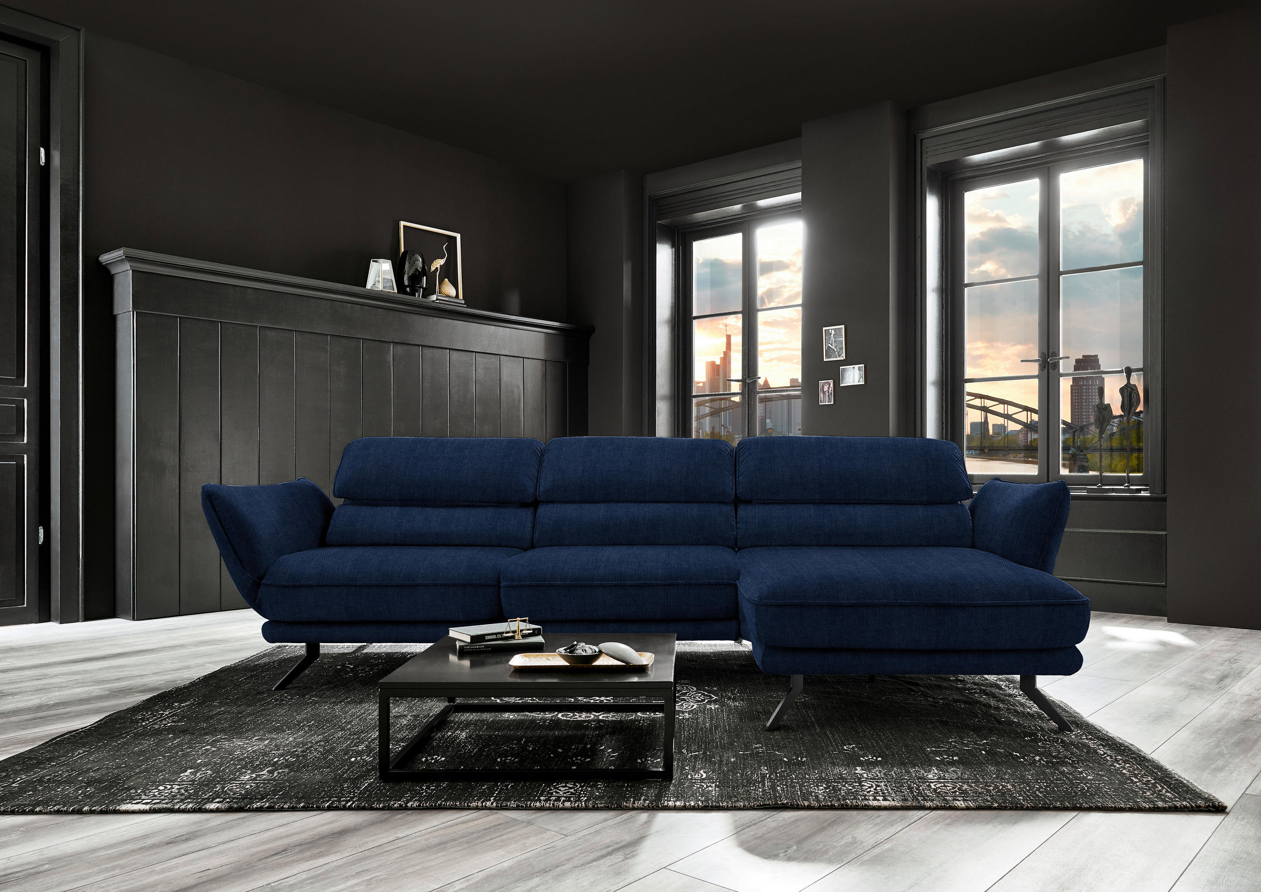 ECKSOFA in Velours Royalblau  283/153 cm  - Royalblau/Schwarz, Design, Textil/Metall (283/153cm) - Valdera