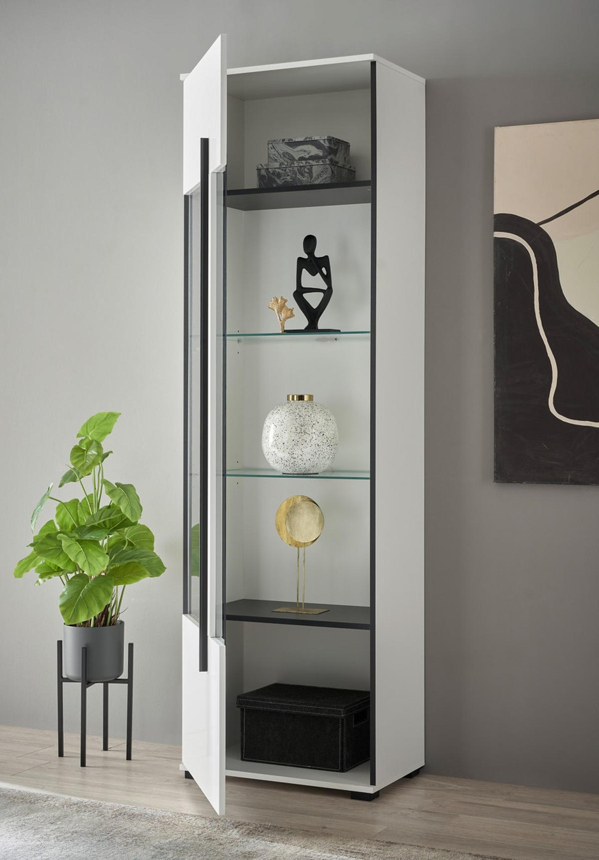 VITRINE  in Weiß Hochglanz  - Weiß Hochglanz/Schwarz, Design, Glas/Holzwerkstoff (60/200/37cm) - Livetastic