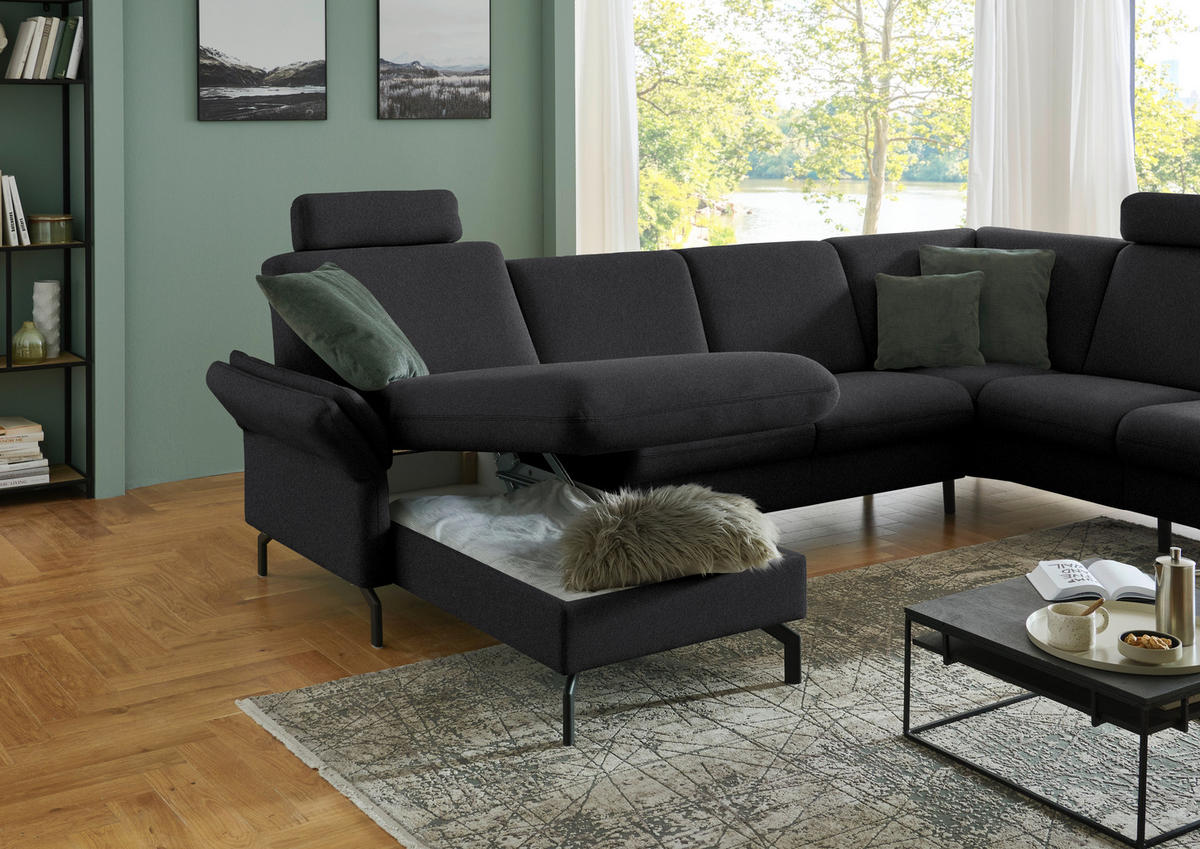 WOHNLANDSCHAFT  in Flachgewebe Schwarz  - Schwarz, KONVENTIONELL, Textil/Metall (170/307/190cm) - Beldomo Comfort