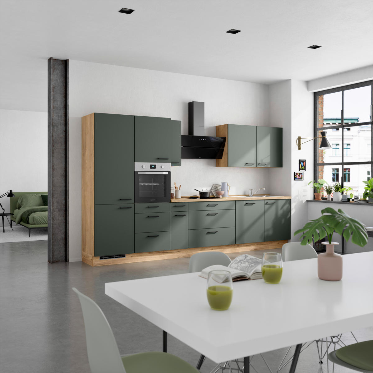 KÜCHENBLOCK Easytouch 360 cm  in Eichefarben, Dunkelgrün  - Dunkelgrün/Eichefarben, MODERN, Holzwerkstoff/Metall (360cm) - Nobilia