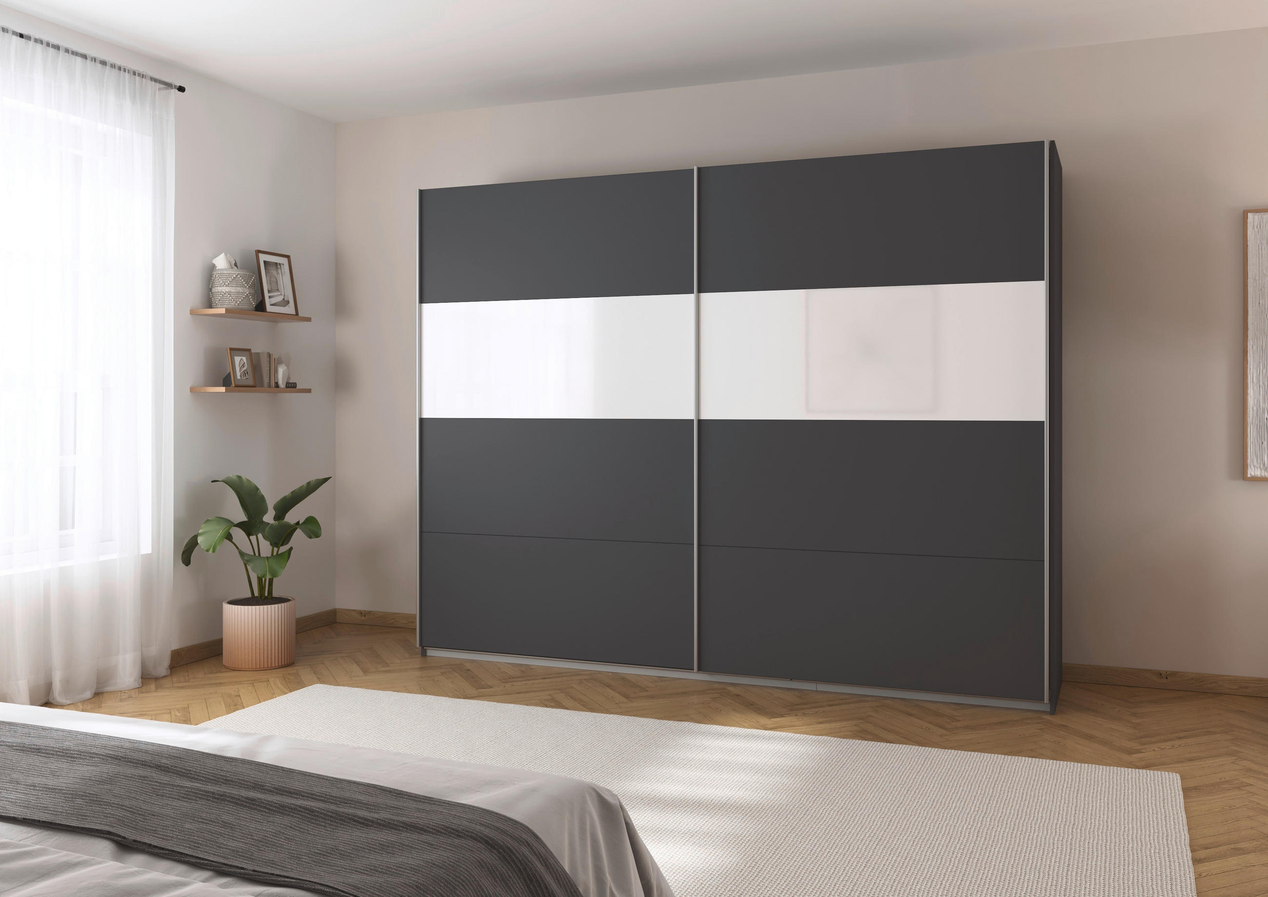 SCHWEBETÜRENSCHRANK 271/210/62 cm 2-türig Grau, Weiß Hochglanz  - Weiß Hochglanz/Alufarben, Basics, Holzwerkstoff/Metall (271/210/62cm) - Carryhome