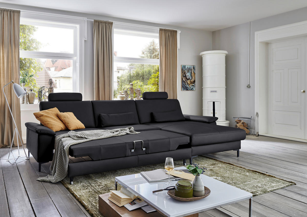 ECKSOFA in Echtleder Anthrazit  - Anthrazit/Schwarz, Design, Leder/Metall (334/176cm) - Dieter Knoll