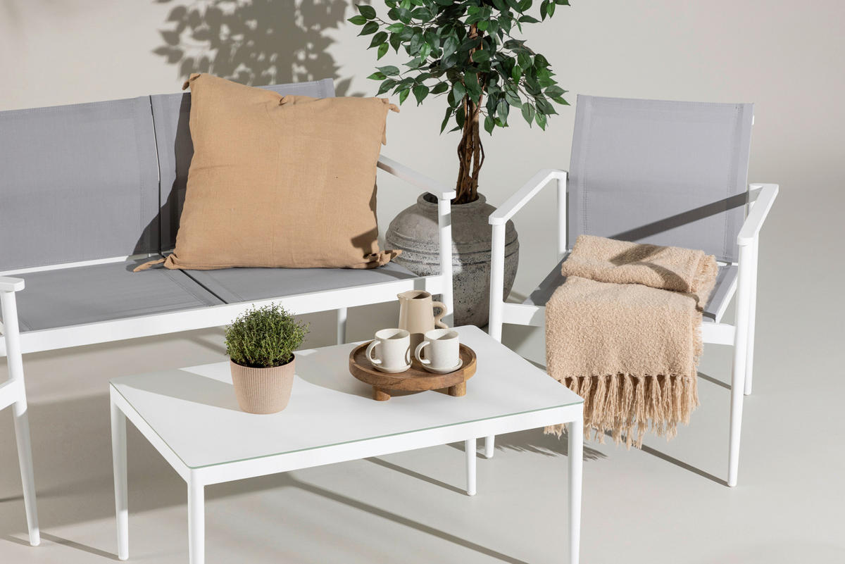 LOUNGEGARNITUR 4-teilig   Aluminium  - Weiß/Grau, KONVENTIONELL, Glas/Textil - Gardenson