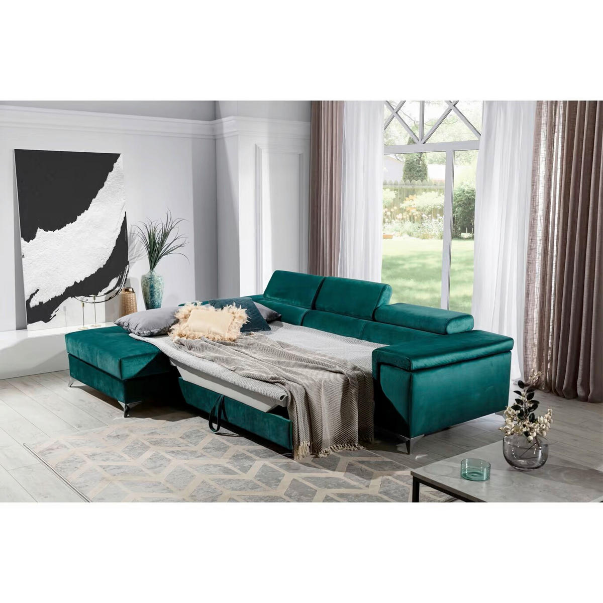ECKSOFA in Samt Grün  205/281 cm  - Silberfarben/Grün, Design, Textil/Metall (205/281cm) - MID.YOU