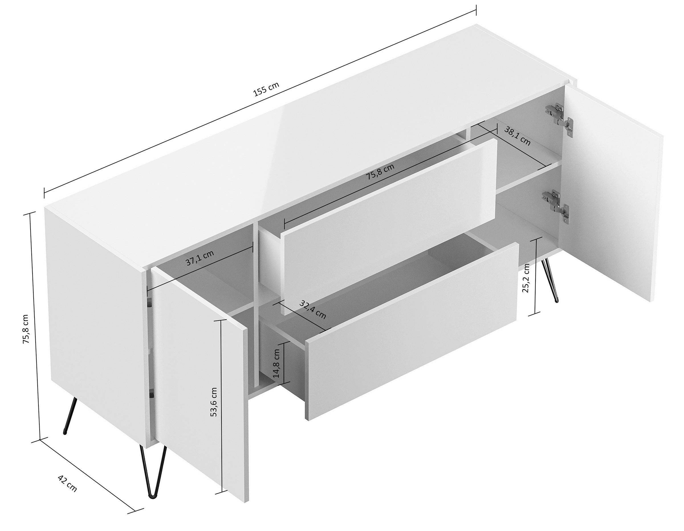 Thumbnail - P & B Sideboard Posseik Industrial, Weiß Hochglanz, Holzwerkstoff, 2 Schublade(n) Schubladen, 155x75.8x42 cm, stehend, W...