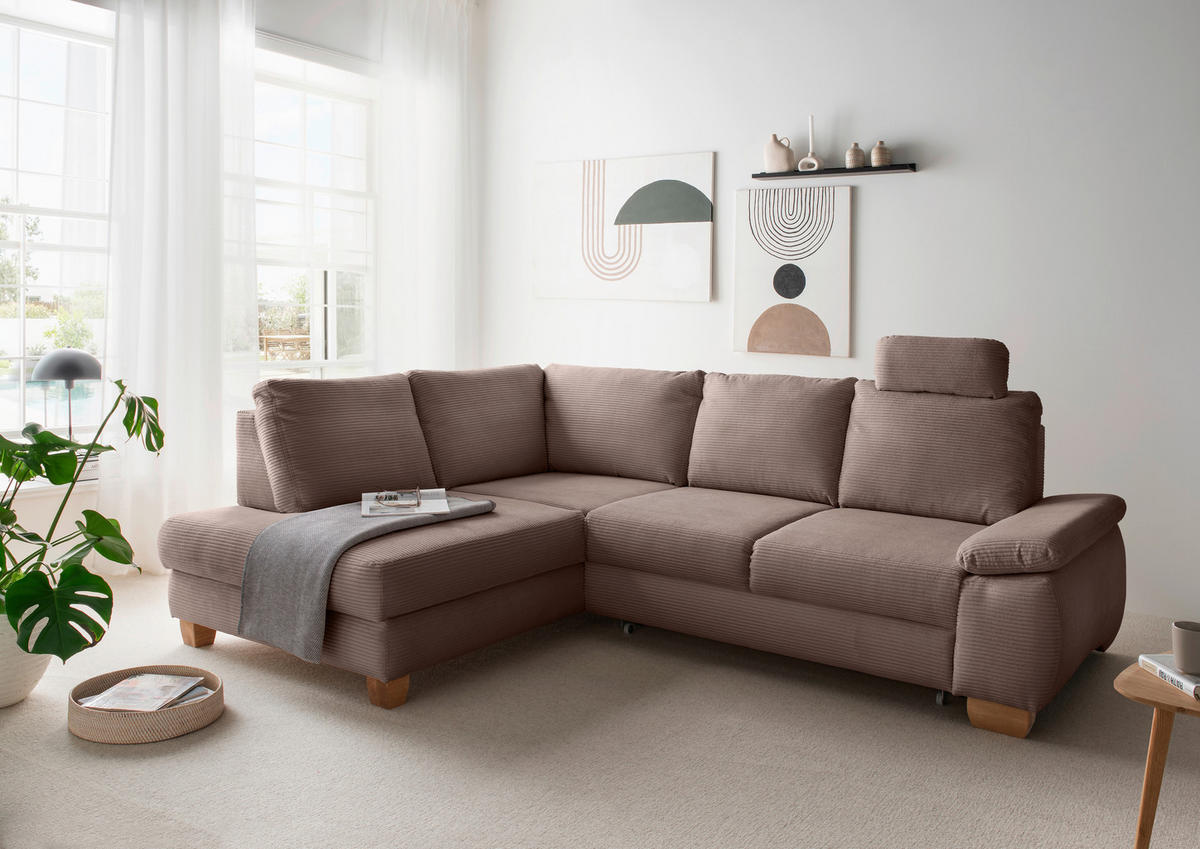 ECKSCHLAFSOFA  mit Liegefunktion, Rücken echt, Armteil rechts Cord Graubraun  - Wildeiche/Graubraun, MODERN, Holz/Textil (206/261cm) - Livetastic
