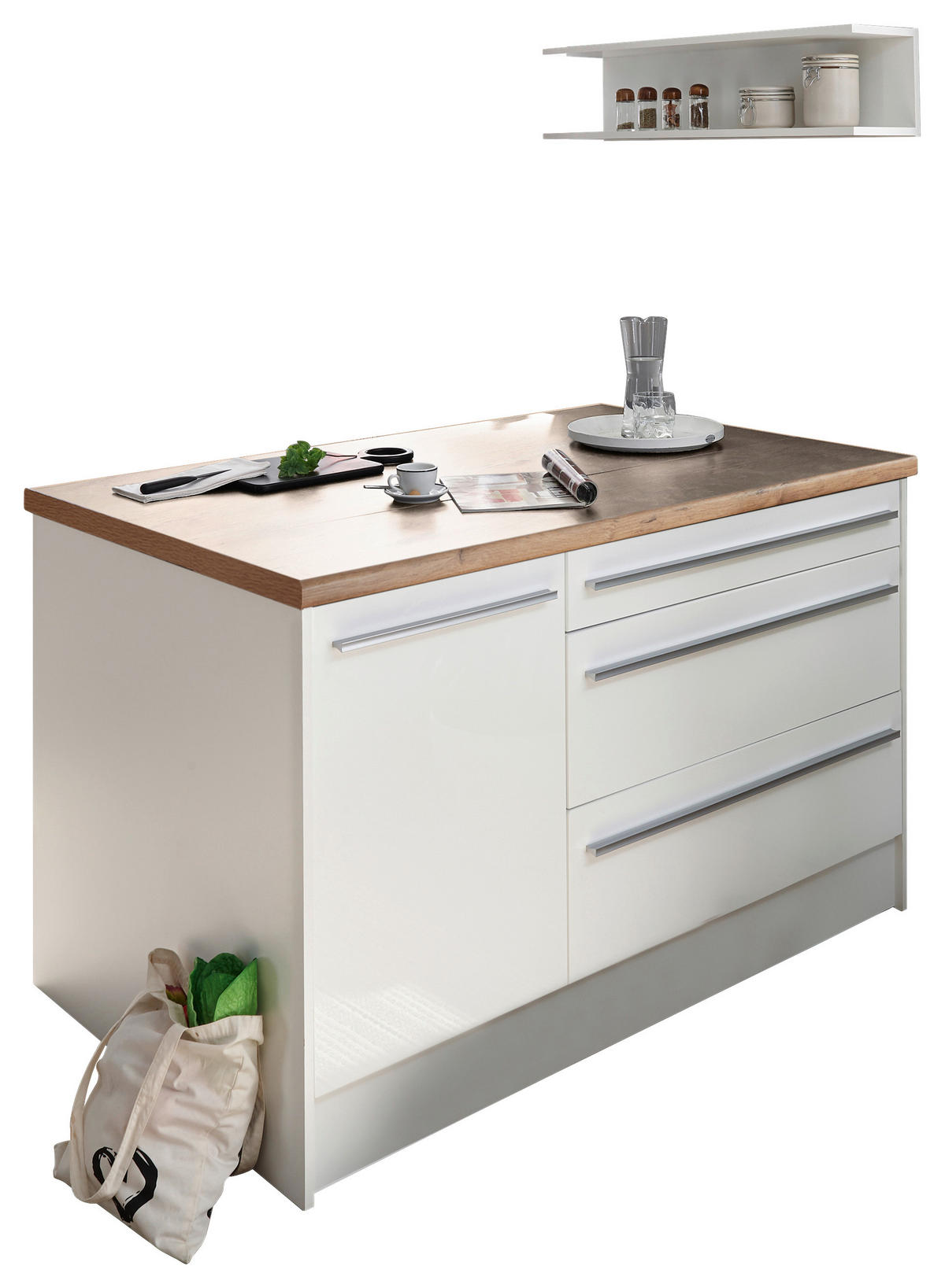 KUHINJSKI OTOK bijela visoki sjaj, bijela  - bijela/srebrne boje, Basics, drvni materijal/plastika (145cm) - MID.YOU