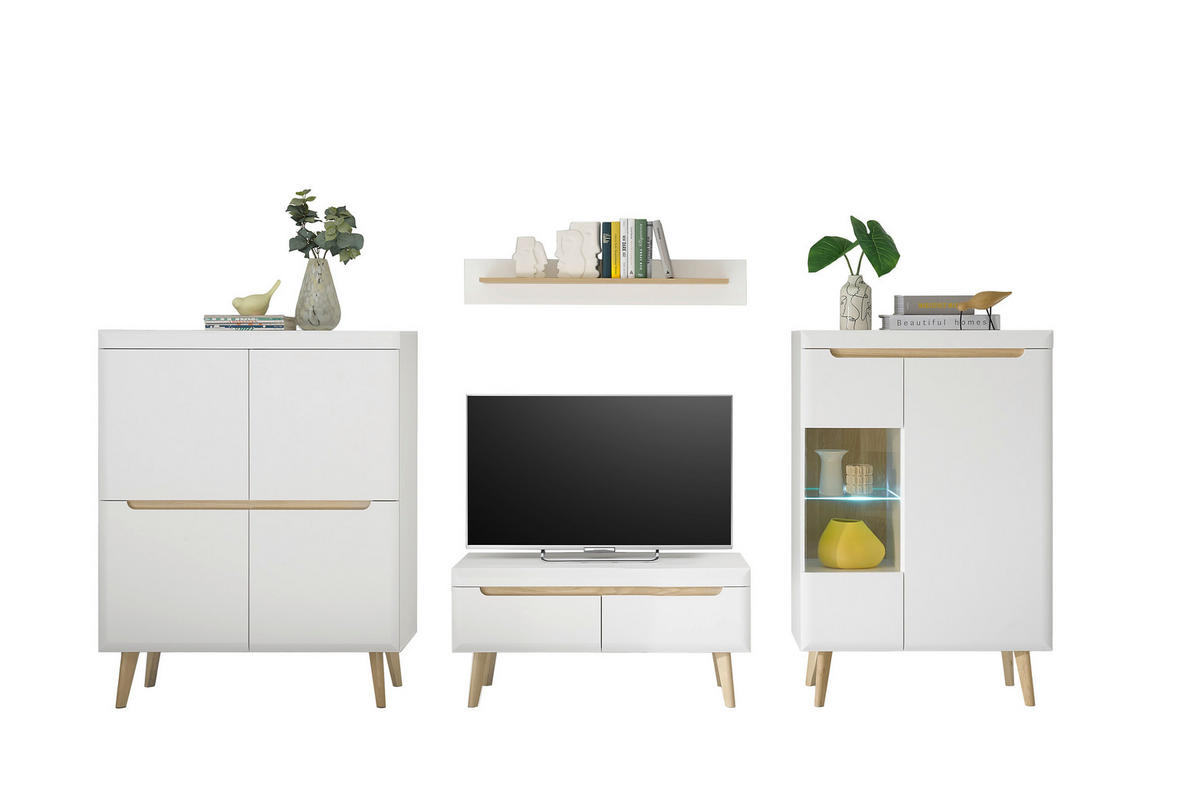 WOHNWAND 4-teilig  in Weiß, Eichefarben  344/170/40 cm  - Eichefarben/Weiß, Design, Glas/Holzwerkstoff (344/170/40cm) - MID.YOU