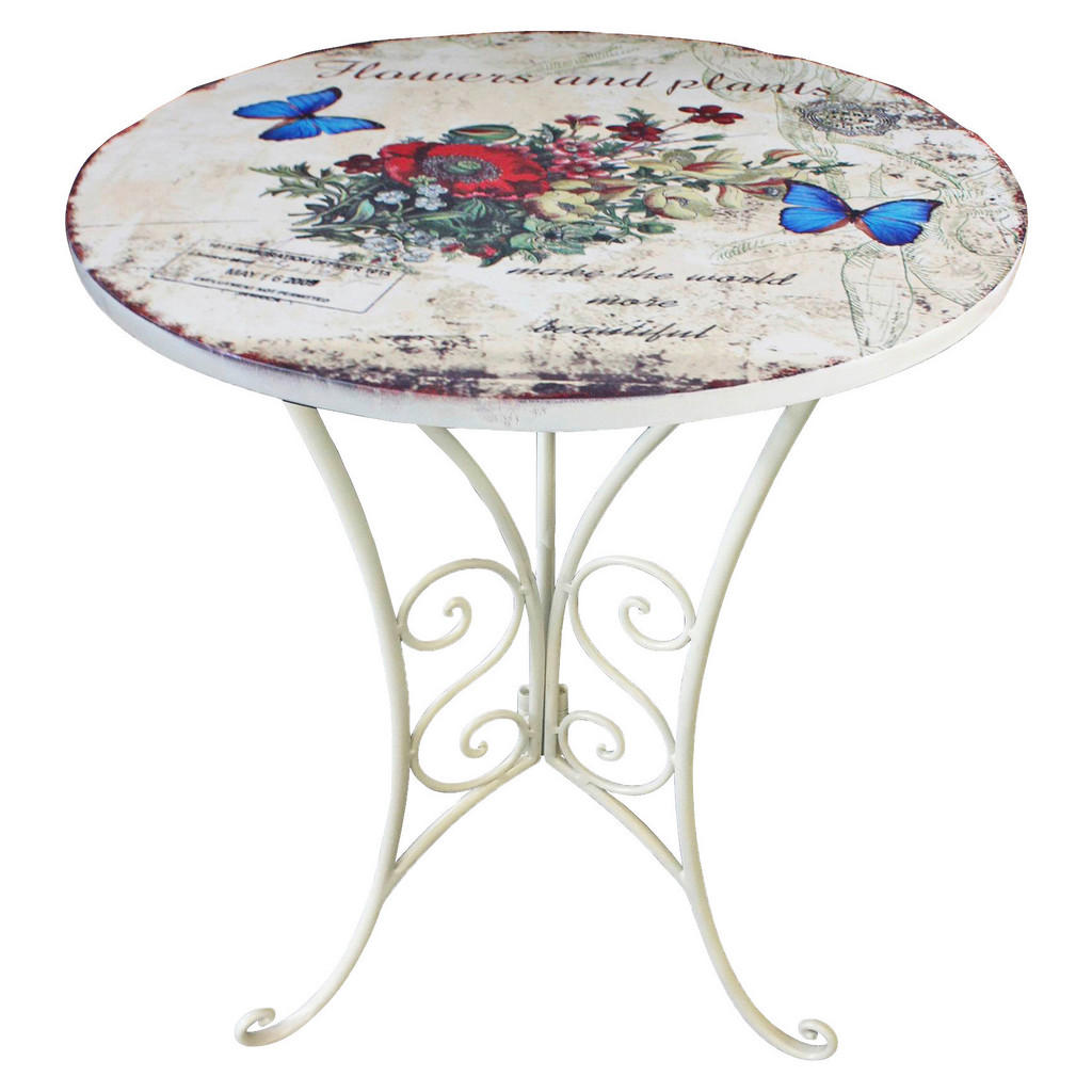 Gartenbeistelltisch aus Eisen Ø ca. 38 cm Floral, Weiß