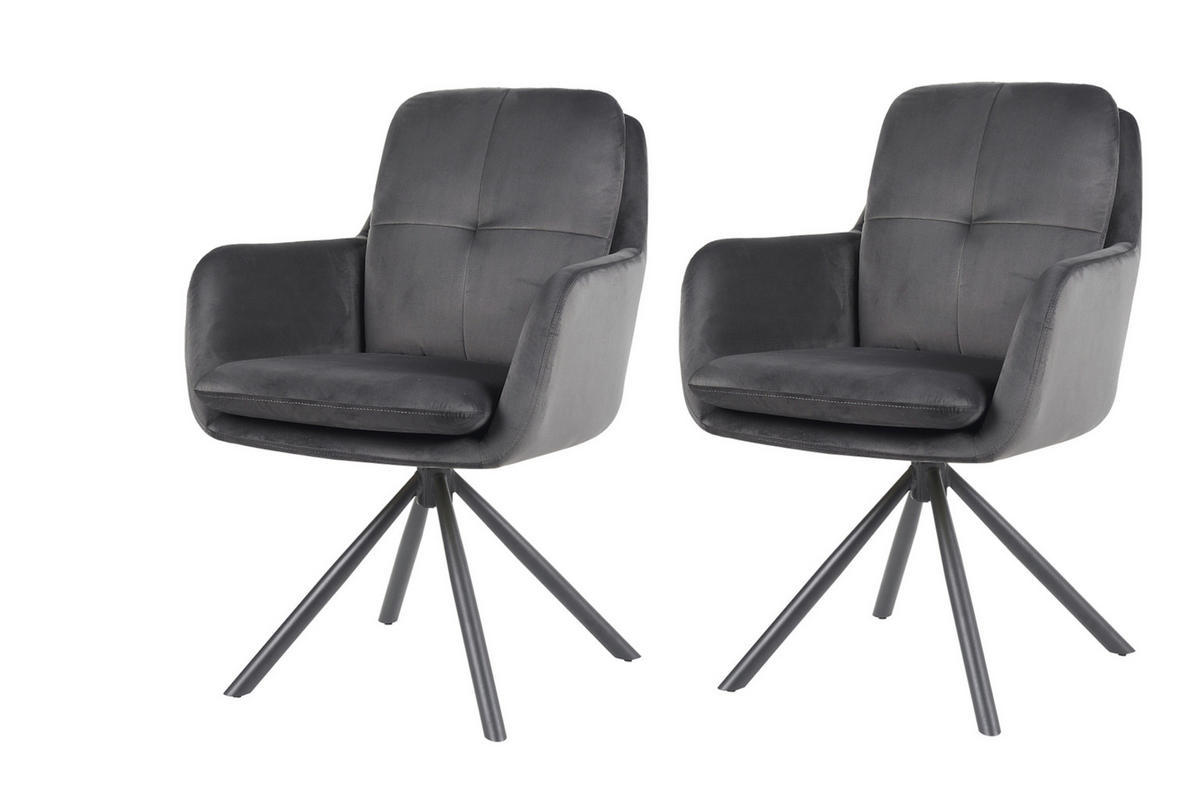 ARMLEHNSTUHL-SET 2 Stück  in Stahl Samt, Velours  - Dunkelgrau/Schwarz, MODERN, Textil/Metall (63/89/70cm) - MID.YOU