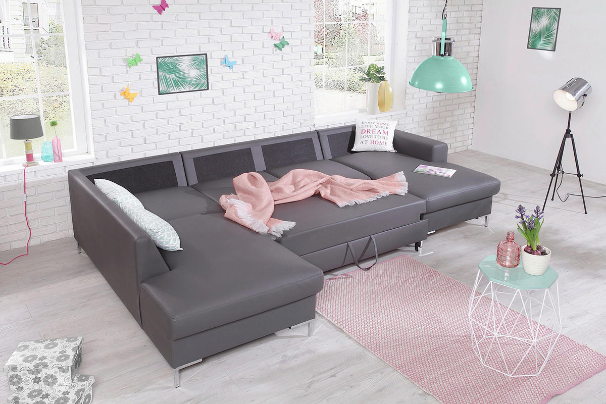 WOHNLANDSCHAFT in Lederlook Grau  - Silberfarben/Schwarz, Design, Leder/Metall (197/303/148cm) - MID.YOU