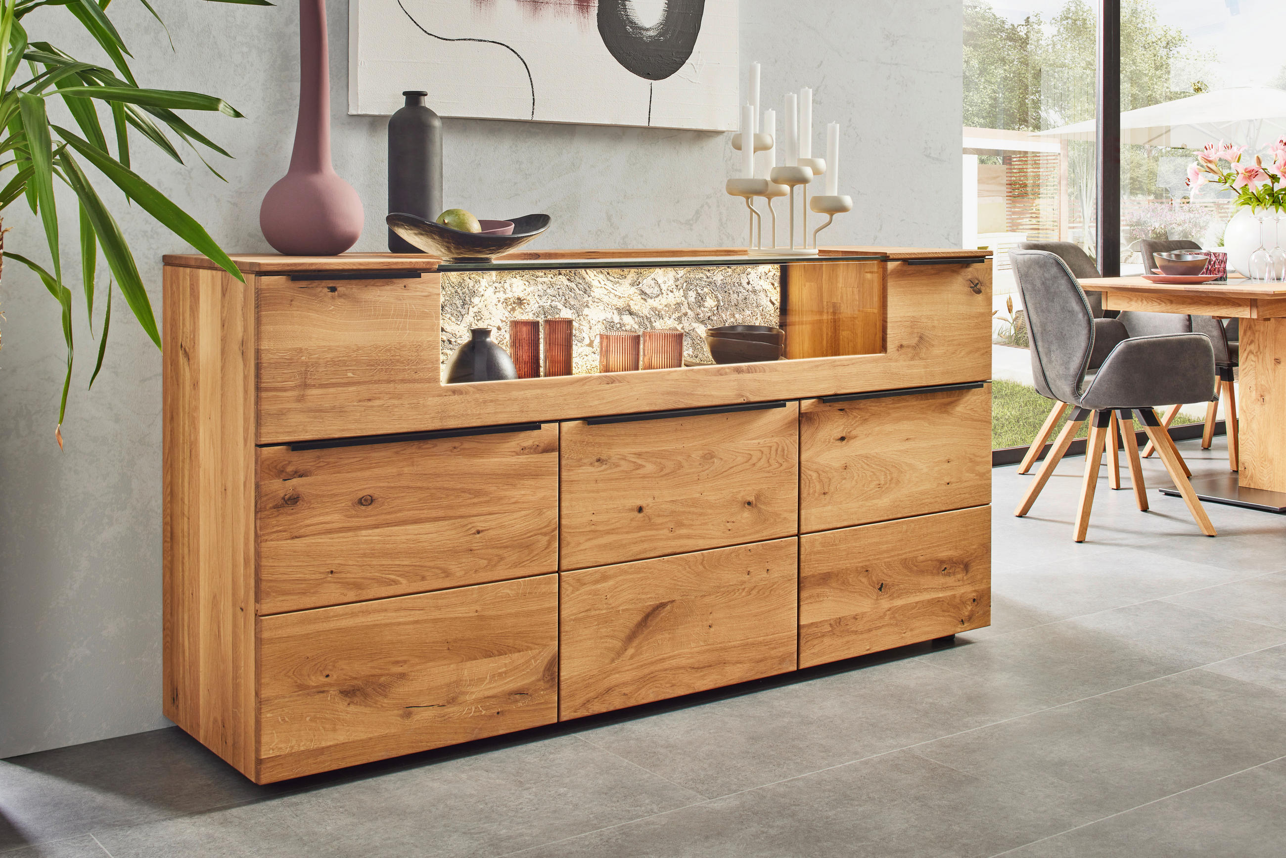 SIDEBOARD Eichefarben  180/90,5/47,1 cm  - Eichefarben/Schwarz, Natur, Glas/Holz (180/90,5/47,1cm) - Valnatura