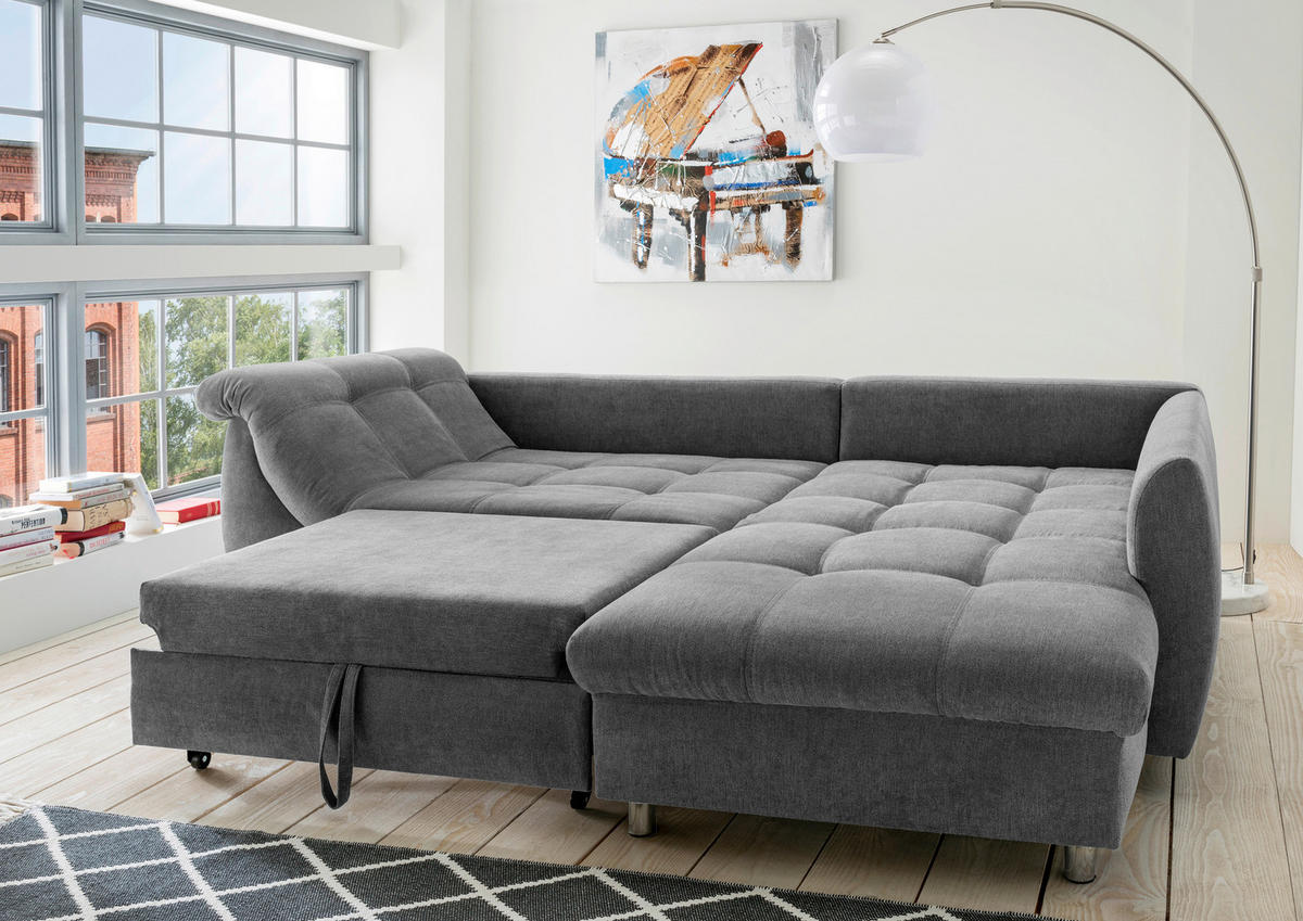 ECKSCHLAFSOFA in Mikrofaser Dunkelgrau  - Chromfarben/Dunkelgrau, Modern, Textil/Metall (250/190cm) - Livetastic