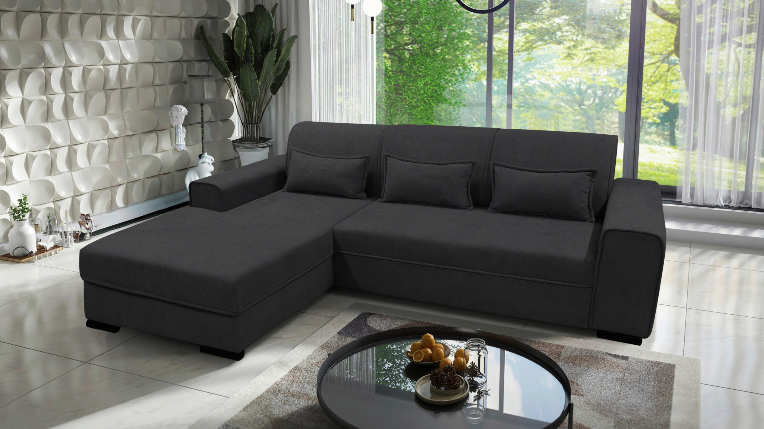 ECKSOFA in Struktur, Bouclé Dunkelgrau  - Dunkelgrau/Schwarz, Design, Kunststoff/Textil (175/270cm) - MID.YOU