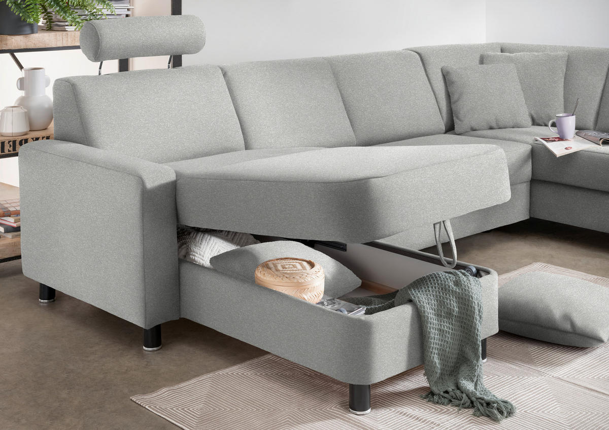 WOHNLANDSCHAFT in Webstoff Platinfarben  - Platinfarben/Schwarz, Design, Holz/Textil (165/296/198cm) - Xora