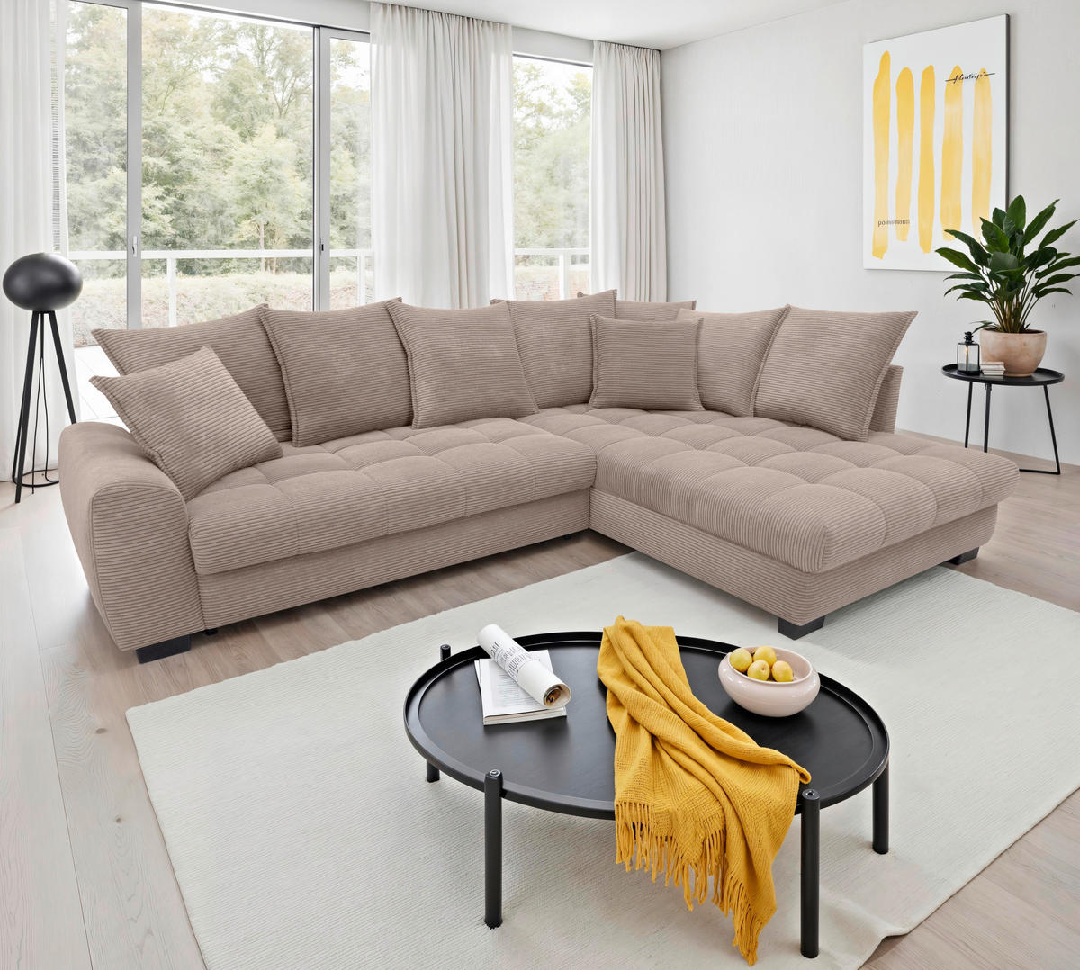 ECKSOFA Taupe Cord Rückenkissen, Armlehnenkissen, Bettkasten, Schlaffunktion, Rücken echt, Liegefläche im Originalstoff  - Taupe/Schwarz, KONVENTIONELL, Kunststoff/Textil (304/212cm) - Carryhome