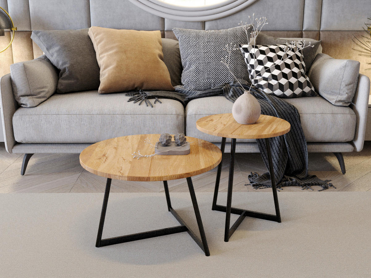 COUCHTISCHSET Wildeiche 60/60/40 cm rund Schwarz, Wildeiche  - Wildeiche/Schwarz, Trend, Holz/Metall (60/60/40cm) - Boxxx
