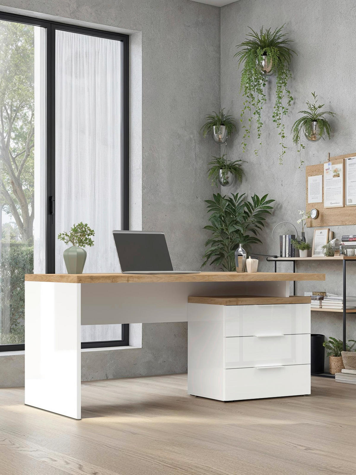 SKRIVBORD 160/75/68 cm vit högglans, ekfärgad förvaringsutrymme  - vit/vit högglans, Modern, metall/trämaterial (160/75/68cm) - Best Price