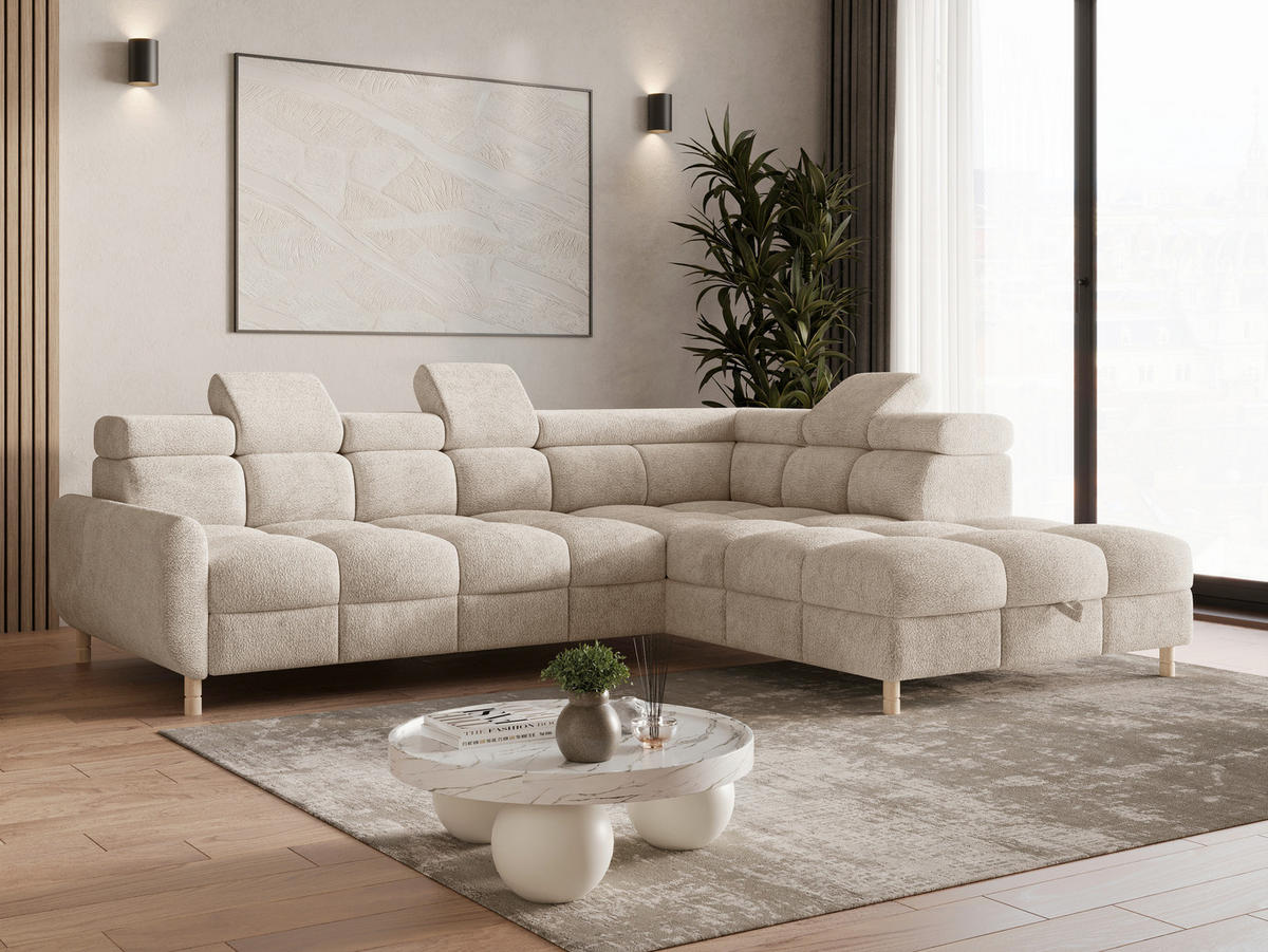 ECKSOFA BUN in Bouclé Beige  - Elfenbein/Beige, Design, Holz/Textil (276/209cm) - MID.YOU