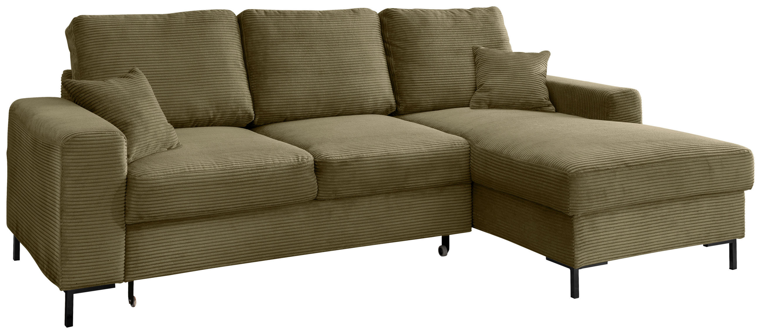 ECKSCHLAFSOFA  mit Liegefunktion, Rücken echt Cord Olivgrün  - Schwarz/Olivgrün, KONVENTIONELL, Textil/Metall (237/143cm) - Livetastic