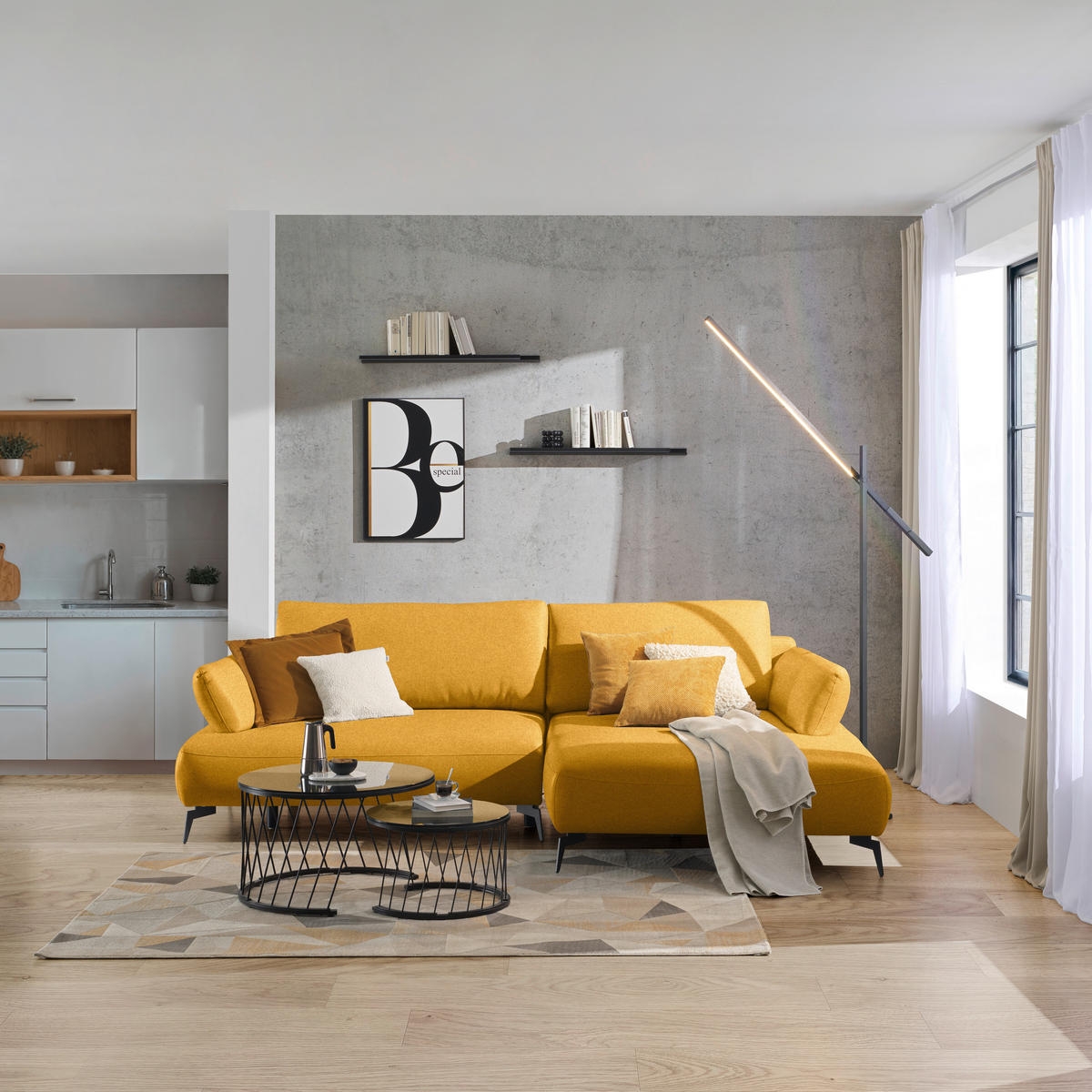 ECKSOFA Struktur Senfgelb  - Senfgelb/Schwarz, Design, Textil/Metall (284/186cm) - Lomoco