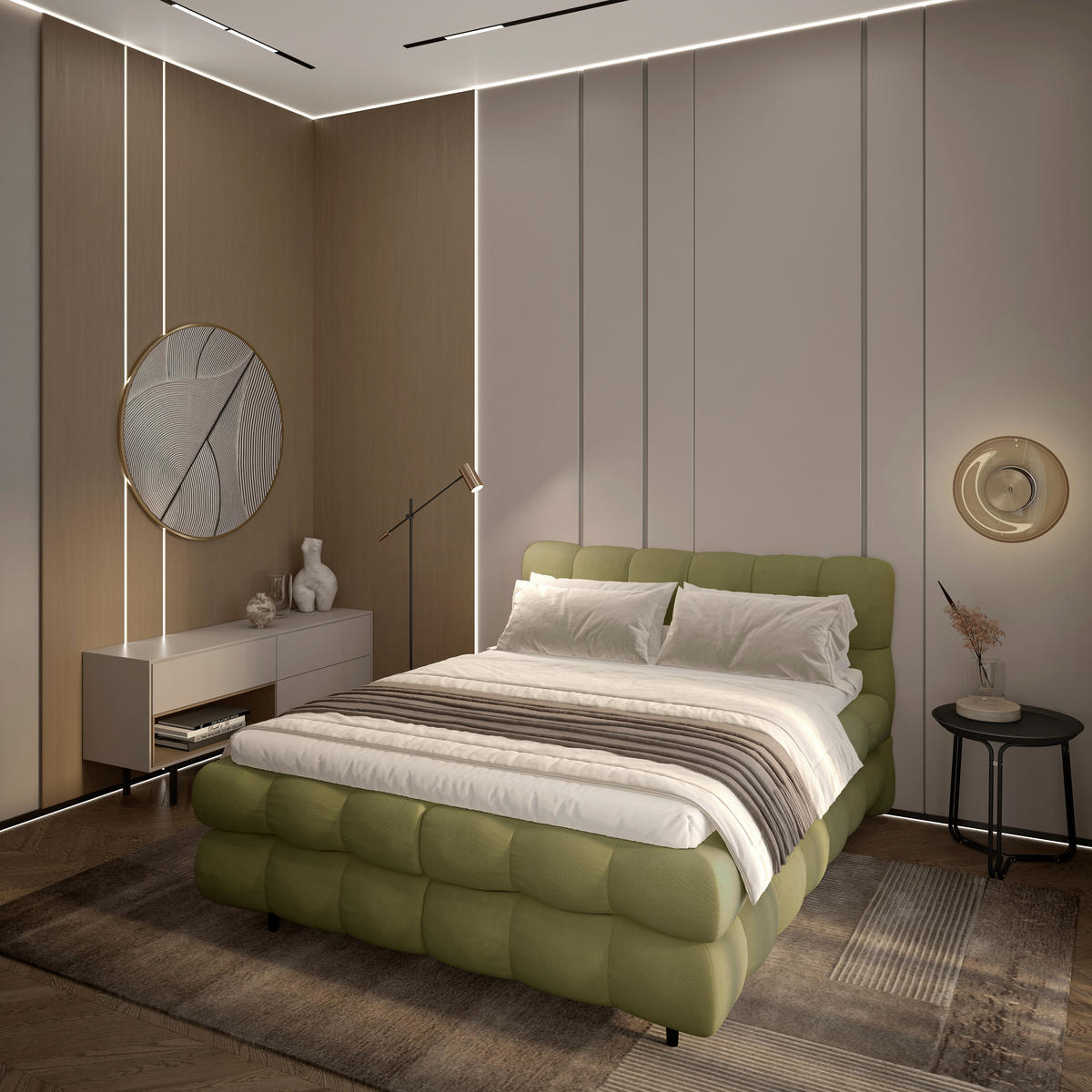 BOXBETT 200/200 cm,  in Olivgrün, gepolstertes Kopfteil, Bettkasten, Topper, H3 + H3 = fest  - Schwarz/Olivgrün, Design, Textil/Metall (200/200cm) - Ti'me