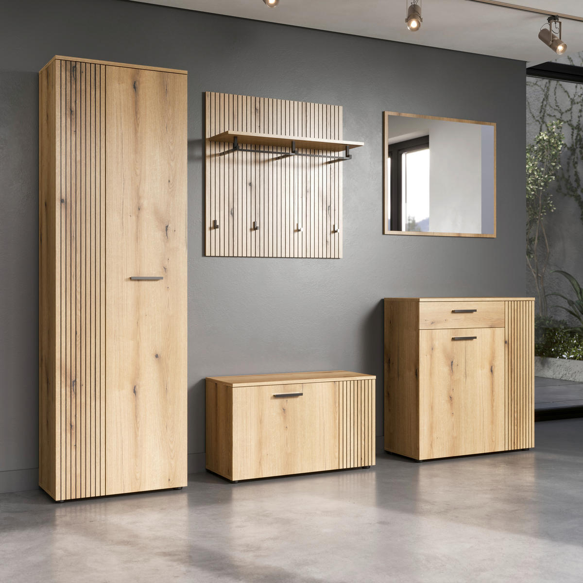 GARDEROBE 5-teilig  in 250/196/36 cm  - Eichefarben/Schwarz, Basics, Holzwerkstoff (250/196/36cm) - MID.YOU