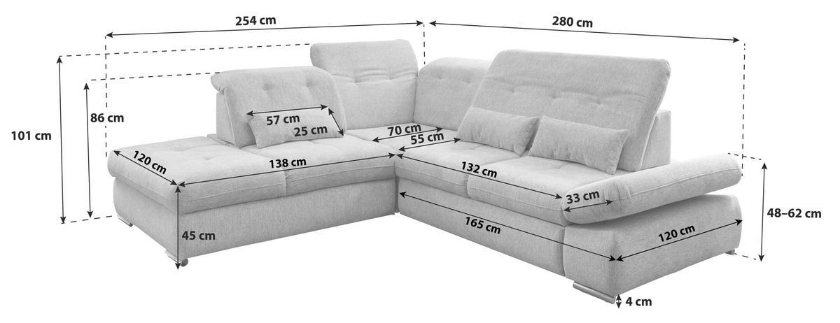 ECKSOFA in Chenille Braun, Grau  - Chromfarben/Braun, Design, Textil/Metall (254/280cm) - Livetastic