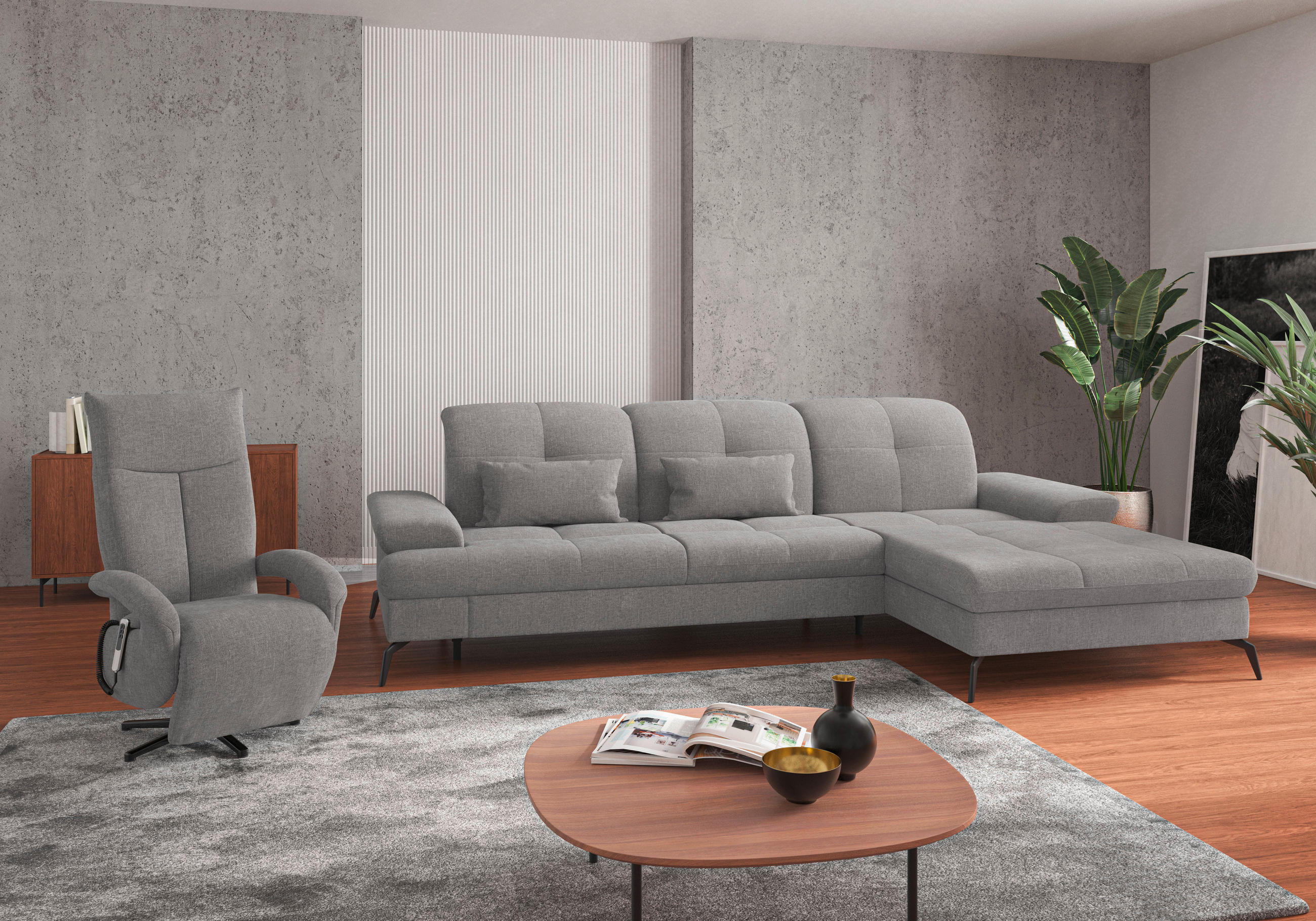 ECKSOFA Hellgrau Flachgewebe  - Hellgrau/Schwarz, KONVENTIONELL, Textil/Metall (279/185cm) - Sit & More