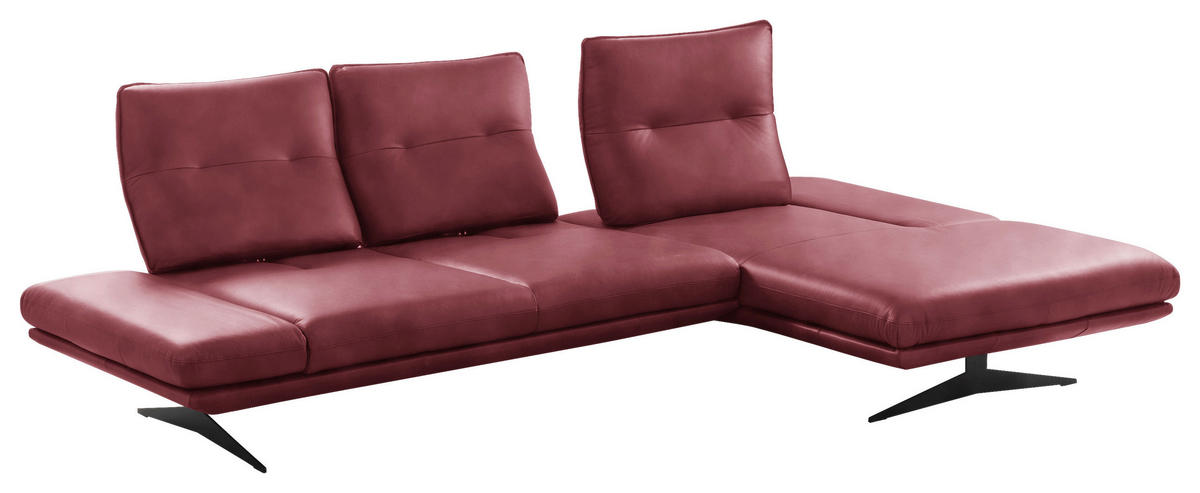 ECKSOFA Kirschrot Echtleder Armteilverstellung, Kopfteilverstellung, Sitztiefenverstellung  - Schwarz/Kirschrot, Design, Leder/Metall (291/180cm) - Celina Home