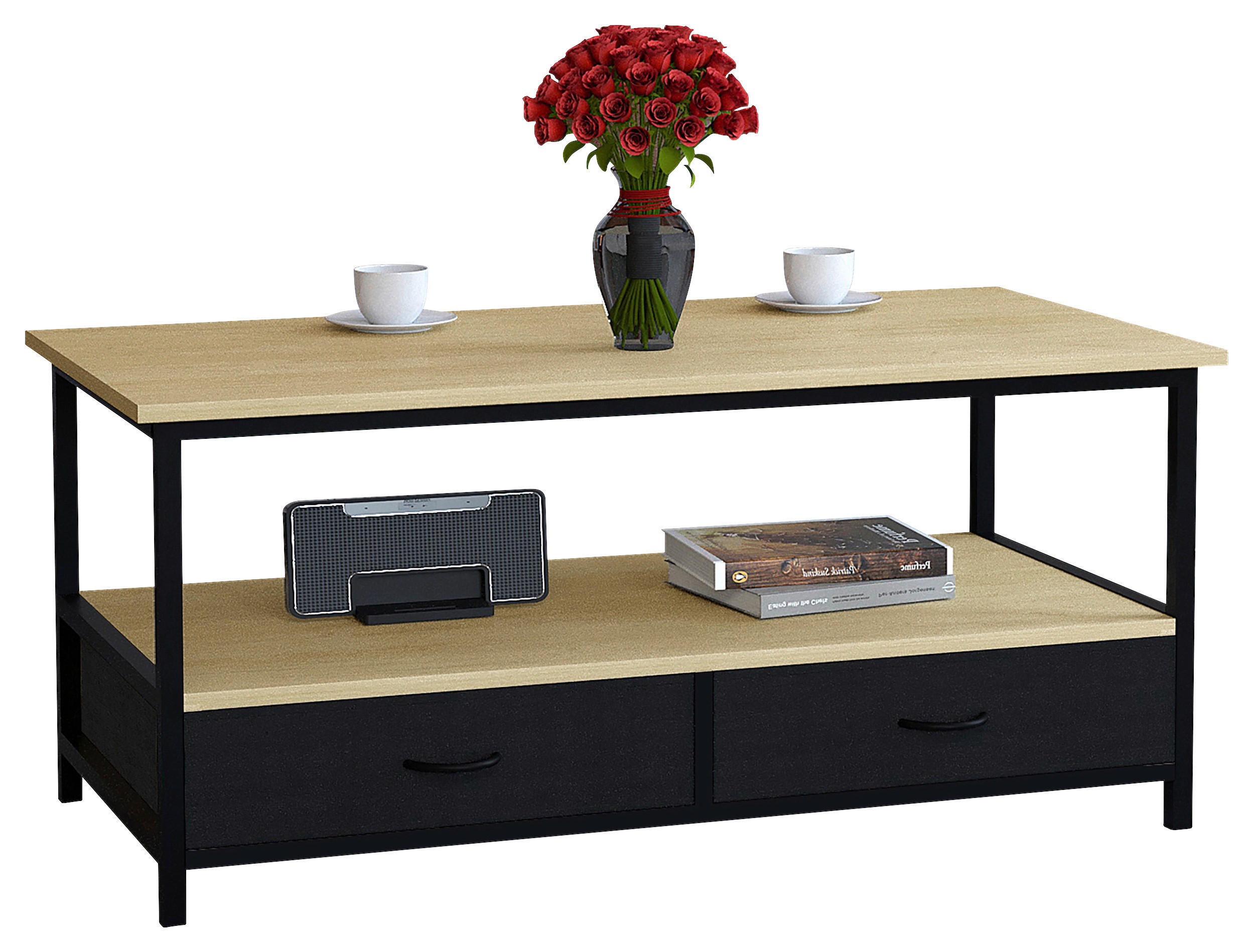 Thumbnail - Mid.you Couchtisch Flonila, Schwarz, Honigeiche, Metall, 2 Schublade(n) Schubladen, rechteckig, eckig, 50x45x100 cm, ros...