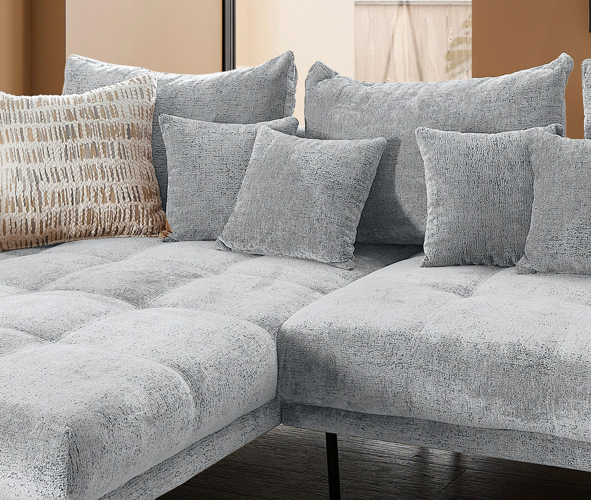ECKSOFA GARDA Hellblau Chenille Zierkissen, Rückenkissen, Nierenkissen, Rücken echt  - Schwarz/Hellblau, KONVENTIONELL, Textil/Metall (192/310cm) - Livetastic