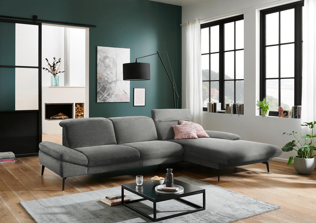 ECKSOFA in Chenille Grau  - Schwarz/Grau, Design, Textil/Metall (319/188cm) - Beldomo System