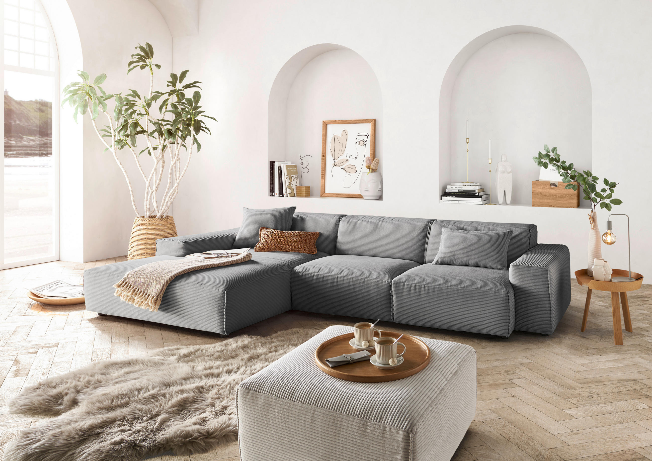 ECKSOFA in Cord Dunkelgrau  - Dunkelgrau/Schwarz, Design, Kunststoff/Textil (189/300cm) - Pure Home Lifestyle
