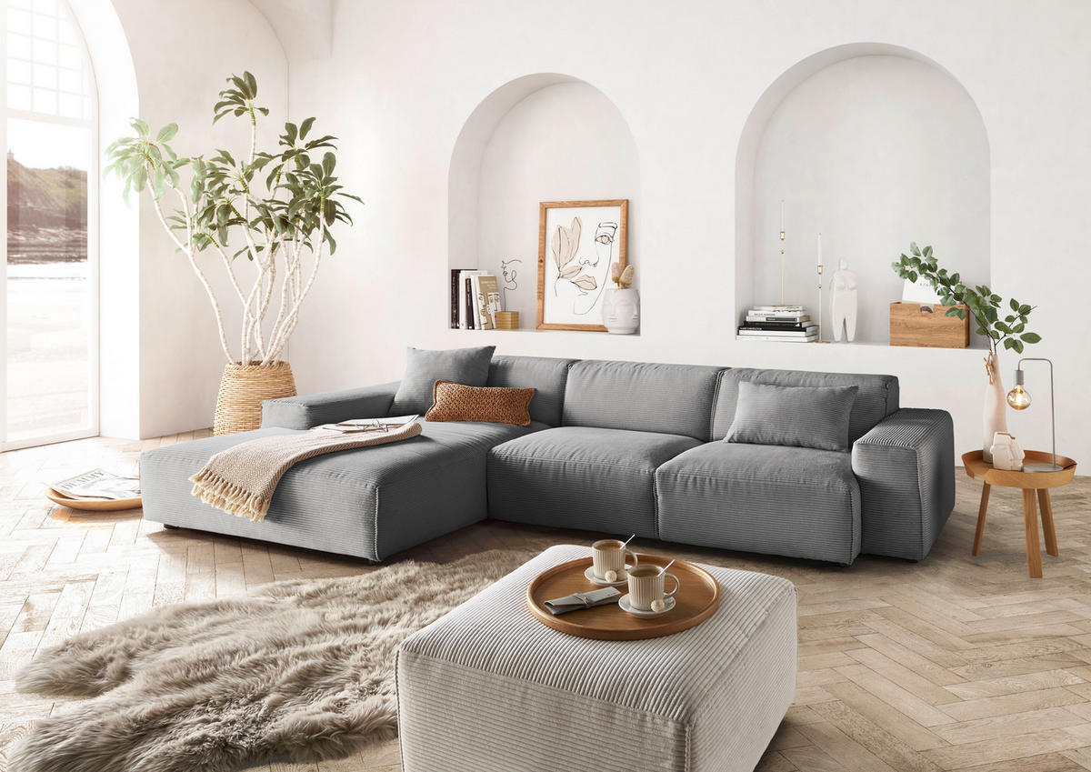 ECKSOFA in Cord Dunkelgrau  - Dunkelgrau/Schwarz, Design, Kunststoff/Textil (189/300cm) - Pure Home Lifestyle