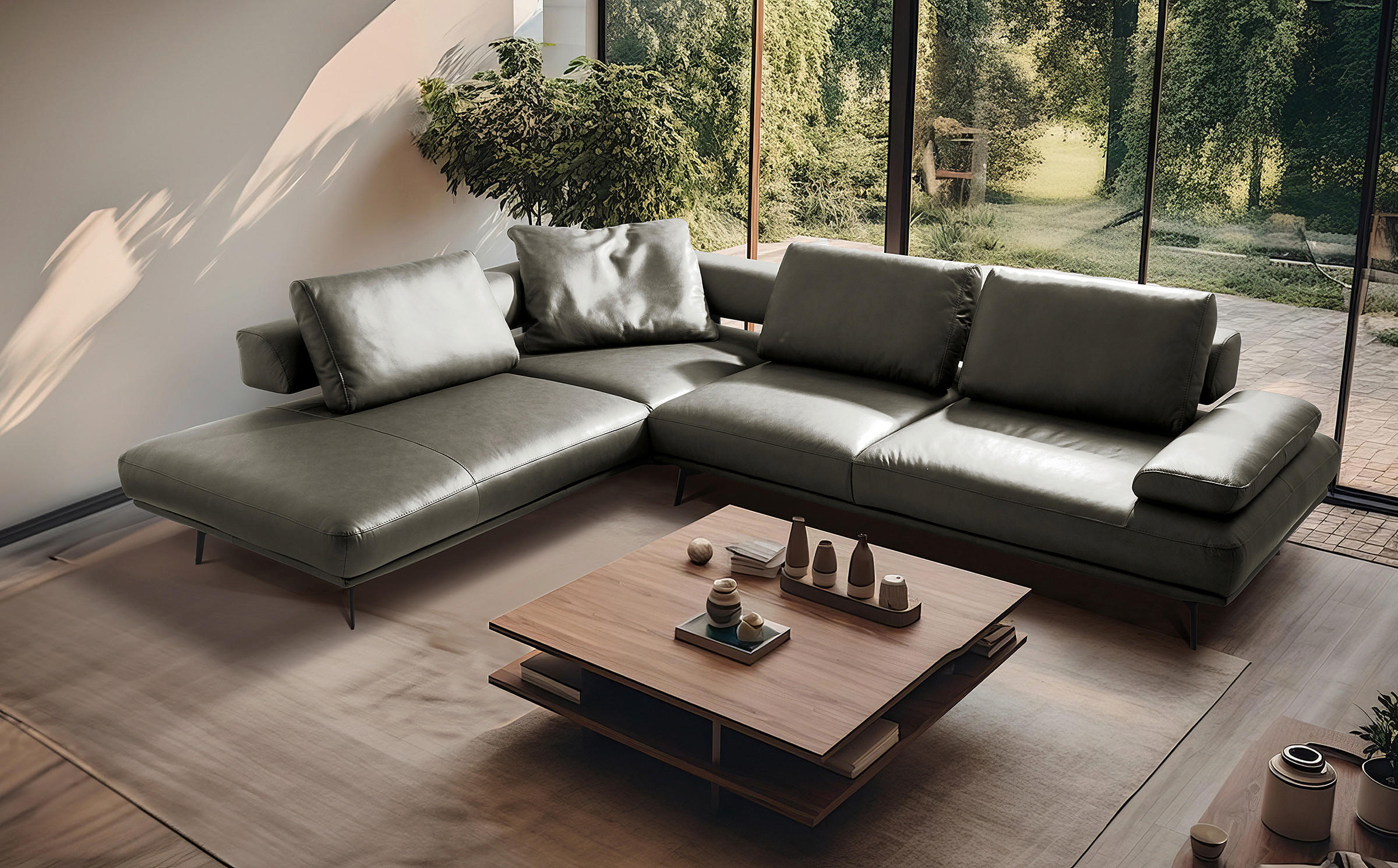 ECKSOFA Grau Echtleder  - Schwarz/Grau, Design, Leder/Metall (237/306cm) - Livetastic