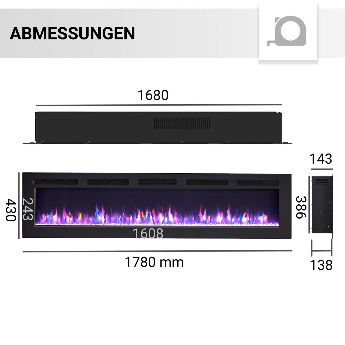 ELEKTROKAMIN - Schwarz, Basics, Metall (178/43/15cm)