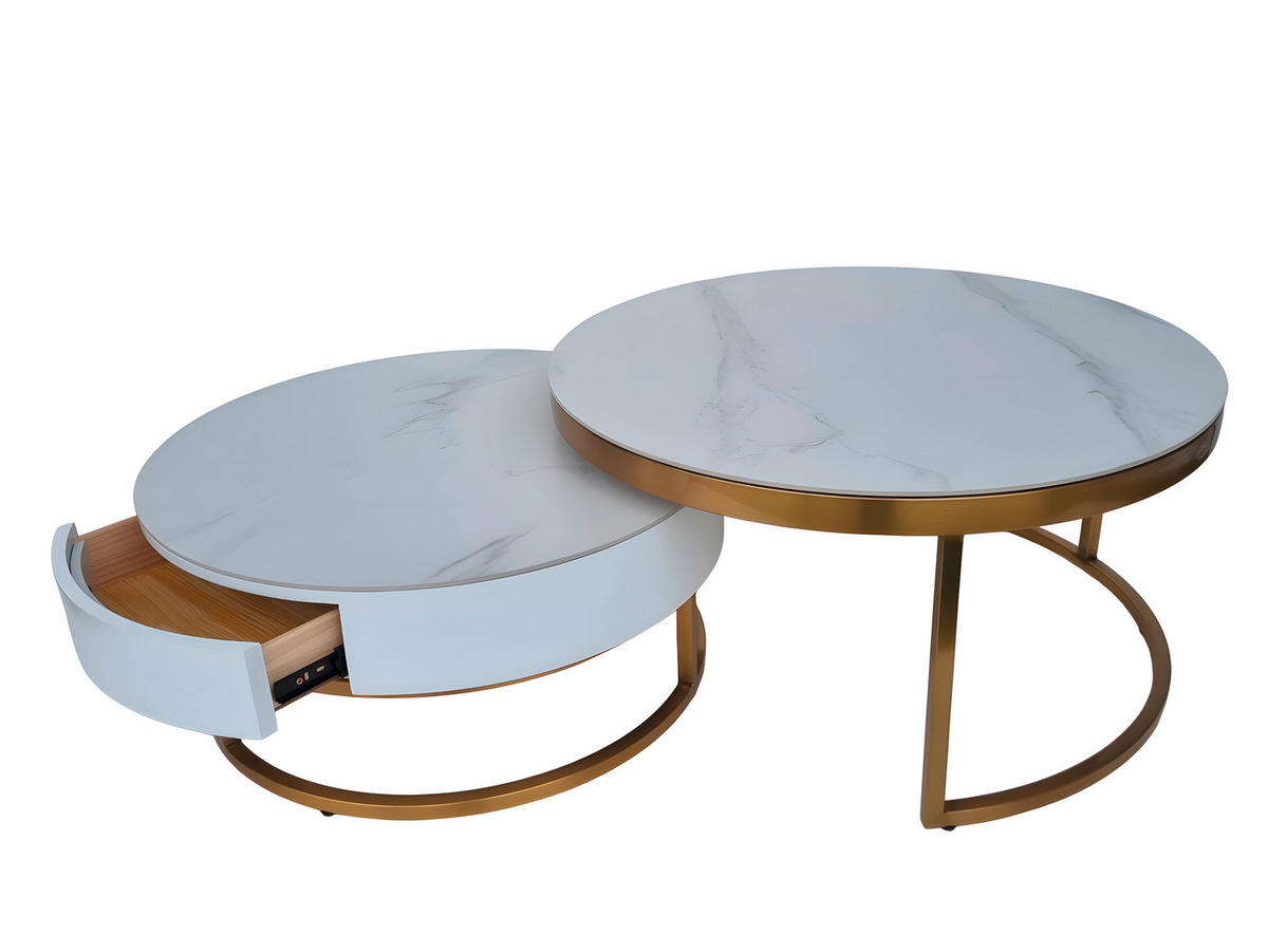 COUCHTISCHSET in Metall, Stein, Holzwerkstoff 70-80/70-80/31-39 cm  - Goldfarben/Weiß, Design, Holzwerkstoff/Stein (70-80/70-80/31-39cm) - Modante