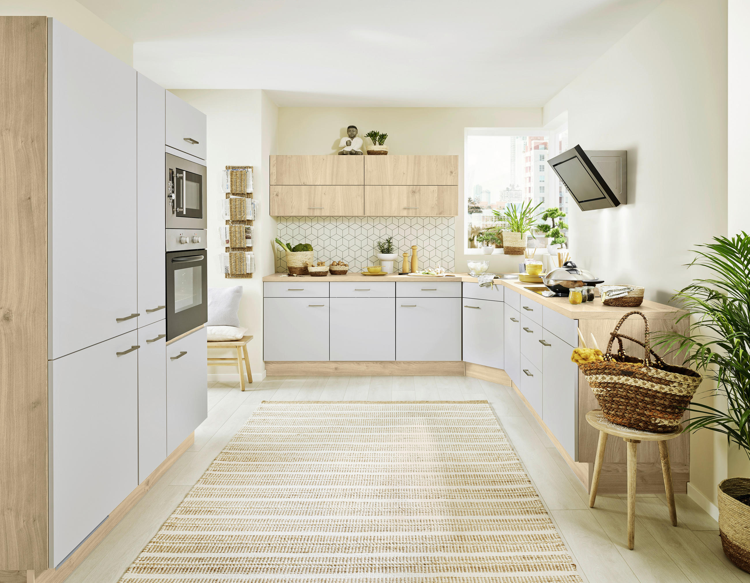 ECKKÜCHE  in Eichefarben, Hellgrau  - Edelstahlfarben/Eichefarben, KONVENTIONELL, Holzwerkstoff/Metall (150/270/270cm) - Impuls