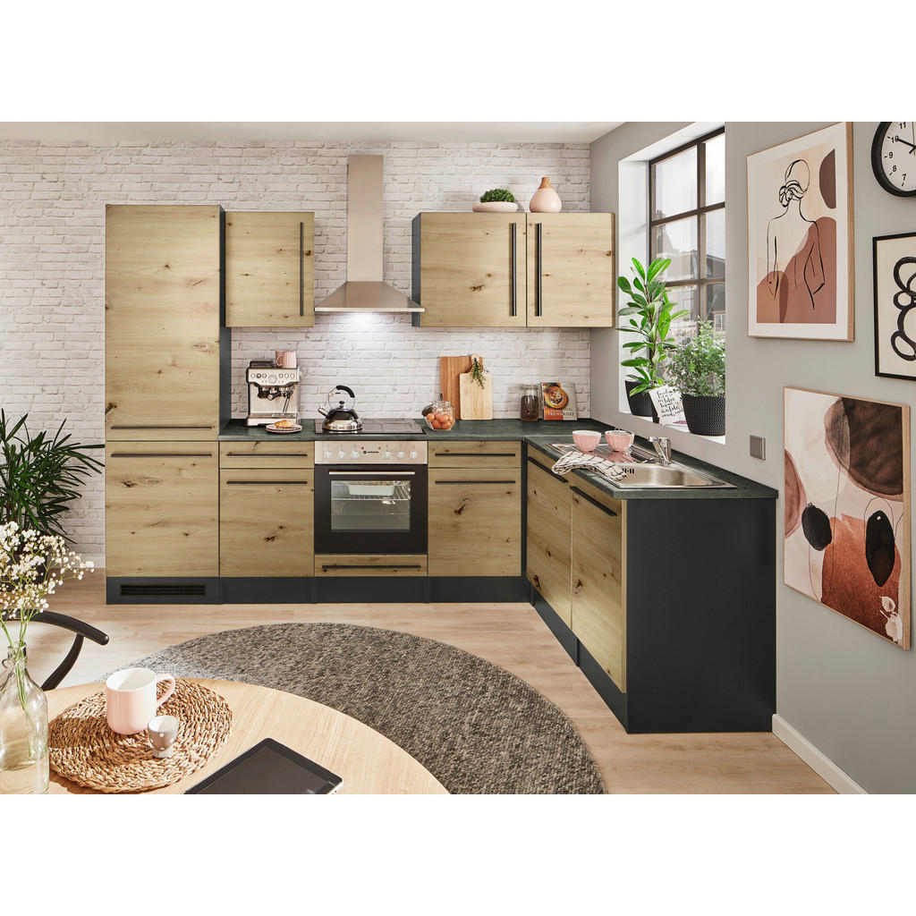 Eckküche Jazz 8 mit Geräten 280x175 Anthrazit/Eiche Dekor