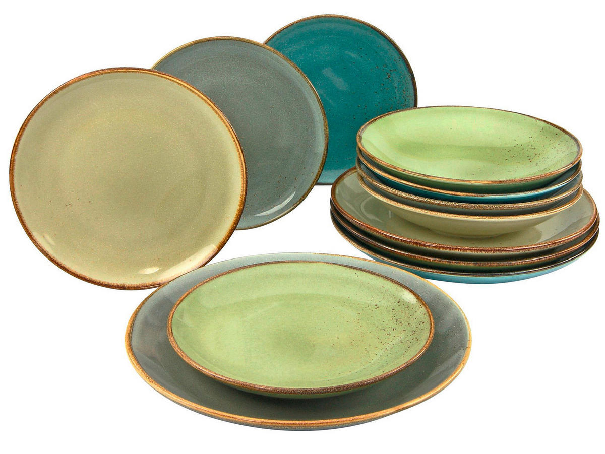 KOMBINOVANÁ SOUPRAVA, 12dílné, kamenina - zelená/vícebarevná, Basics, keramika - Creatable