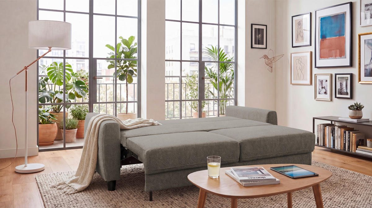 SCHLAFSOFA RIO in Webstoff Greige  - Greige/Schwarz, MODERN, Holz/Textil (192/83/99cm) - MID.YOU